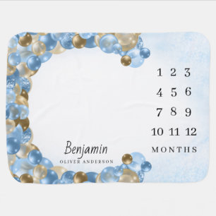 Blue and Gold Balloons Baby Milestone Growth Baby Blanket