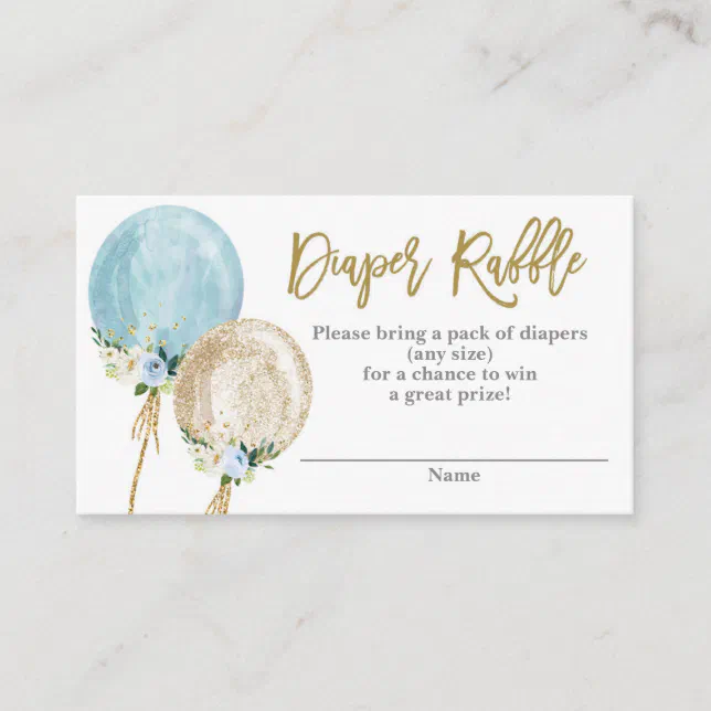 Blue and gold balloons baby shower Diaper Raffle Enclosure Card | Zazzle