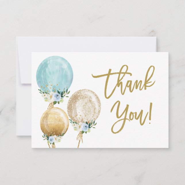 Blue and gold  balloons baby shower thank you note card (Front)