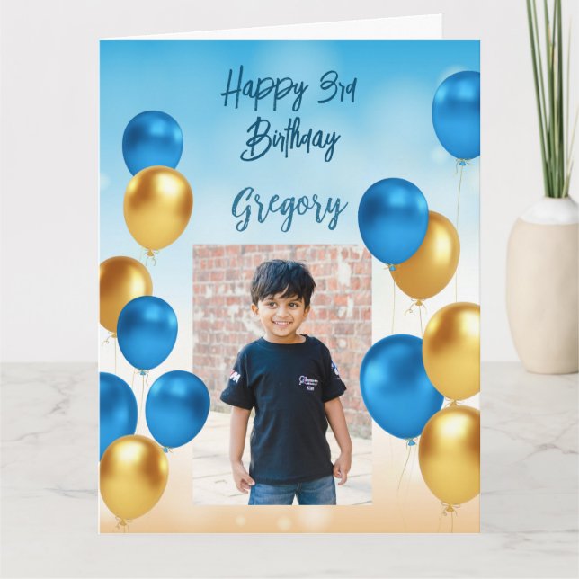 Blue and gold balloons blue background photo  card (Front)