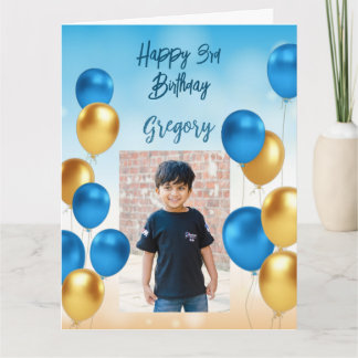 Blue and gold balloons blue background photo card