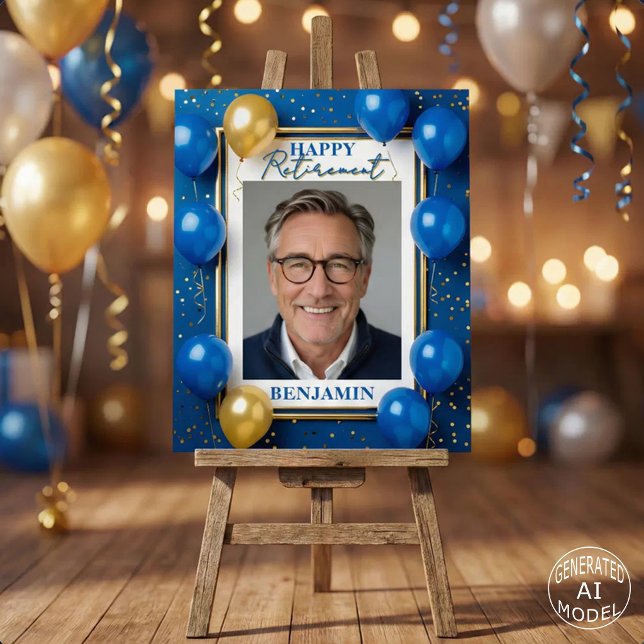 Blue and Gold Balloons Photo Retirement Welcome Foam Board (Creator Uploaded)
