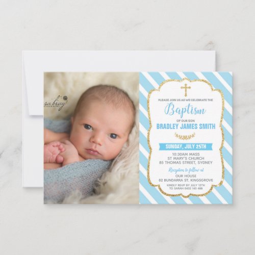 Blue and Gold Baptism Baby Boy Photo Invitation