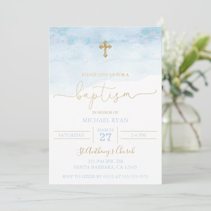 Blue and Gold Baptism Invitation Baby Boy | Zazzle