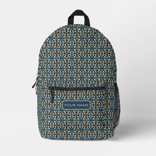 Blue and Gold Baroque Harmony Personalized Name Printed Backpack (Front)