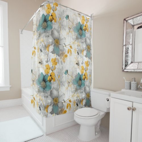Blue and Gold Boho Bold Floral Shower Curtain