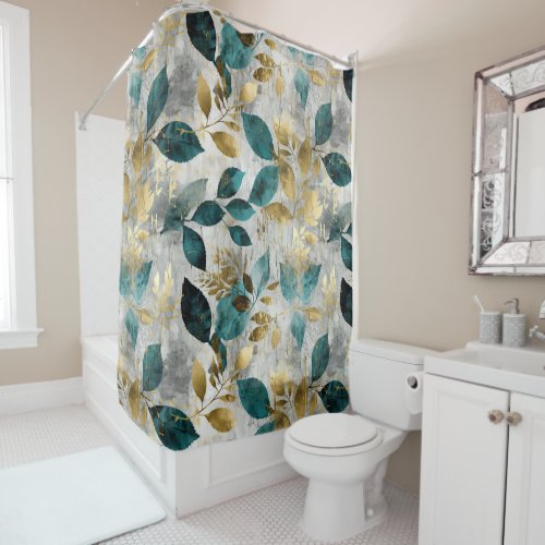 Blue and Gold Boho Elegant Leaf Shower Curtain