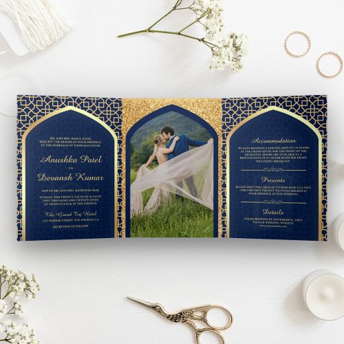 Blue and Gold Bollywood Style Indian Wedding Tri_Fold Invitation