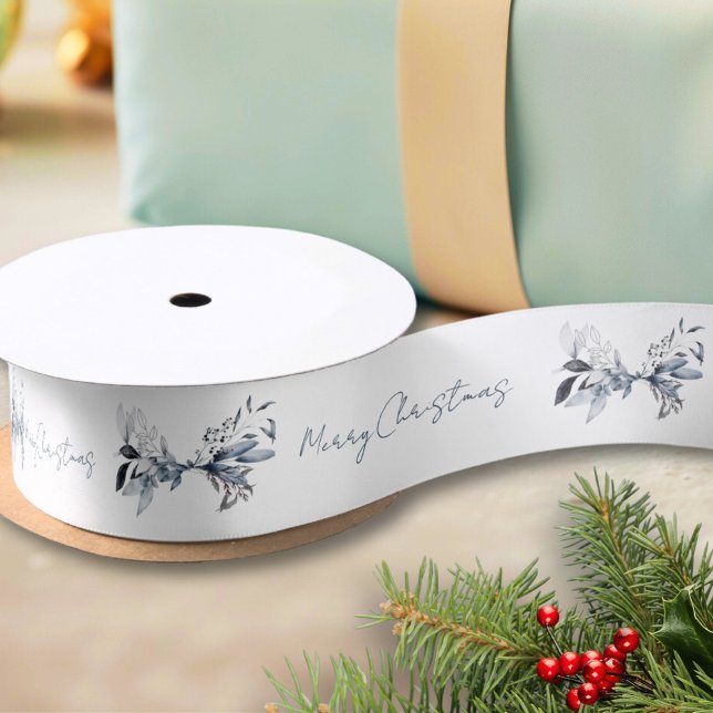 Blue And Gold Botanical Merry Christmas Gift Satin Ribbon (Creator Uploaded)