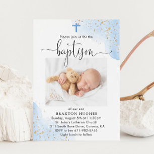 Blue and Gold Boy Baptism Christening Dedication Invitation