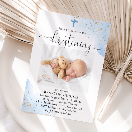 Blue and Gold Boy Christening Baptism Invitation