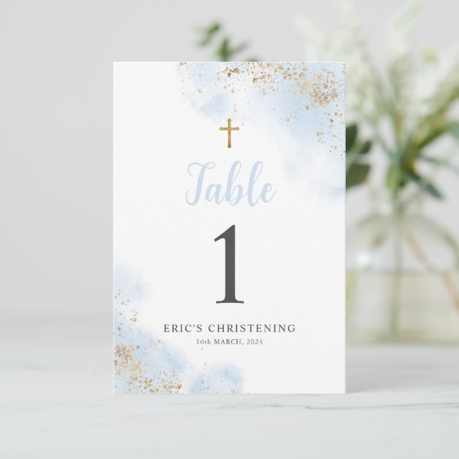 Blue and Gold Boy Christening Baptism Table Number (Standing Front)