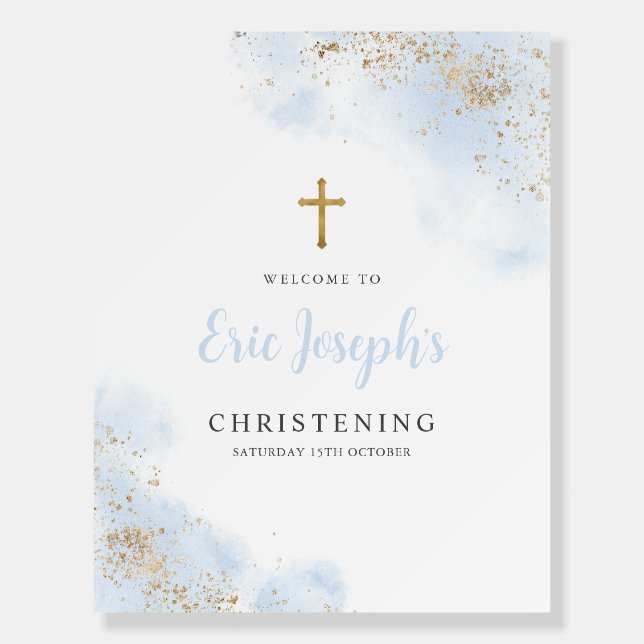 Blue and Gold Boy Christening Baptism Welcome Sign (Front)