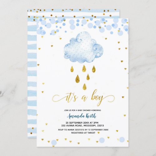 Blue and Gold Boy Raincloud Baby Shower Invitation