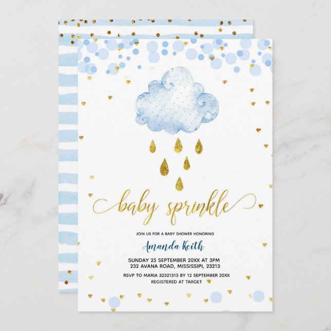 Blue and Gold Boy Raincloud Baby Sprinkle Invitation (Front/Back)