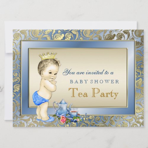 Blue and Gold Boys Tea Party Baby Shower Invitation