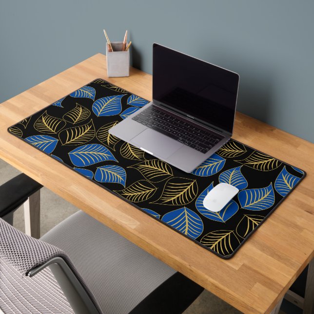 Blue and gold broad leaves pattern on black desk mat (Office 2)