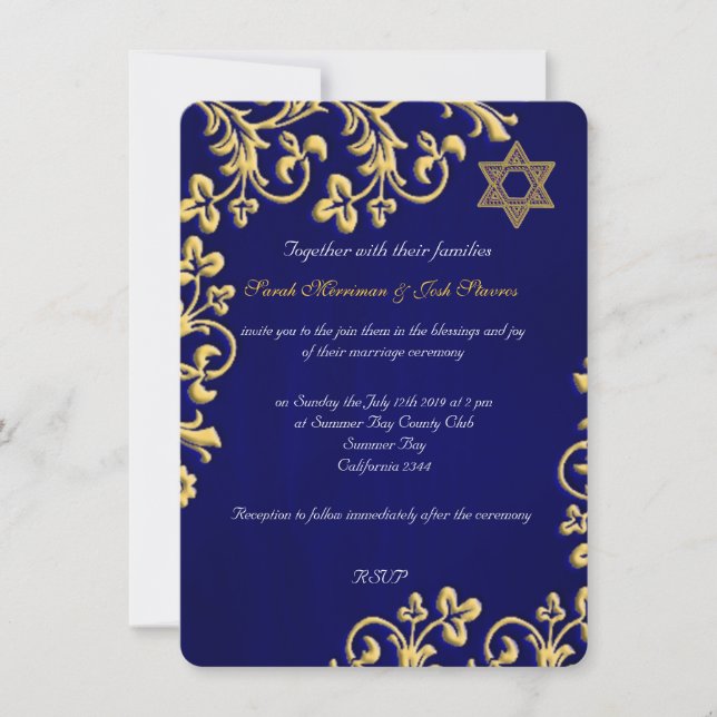 Blue and gold brocade Jewish wedding Invitation (Front)