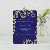 Blue and gold brocade Jewish wedding Invitation (Standing Front)