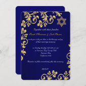 Blue and gold brocade Jewish wedding Invitation (Front/Back)