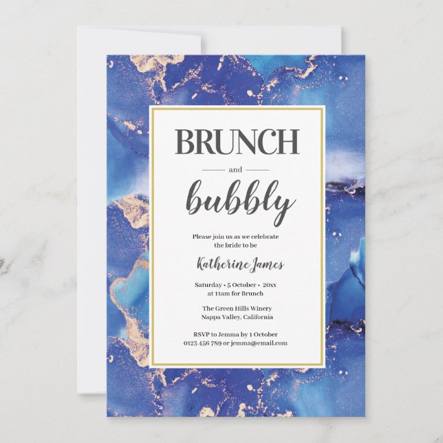 Blue and Gold Brunch & Bubbly Invitation (Front)