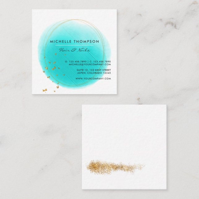  Blue and Gold Brushstrokes Square Business Card (Front/Back)