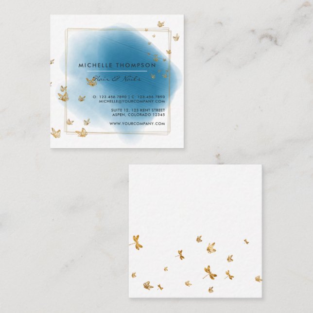  Blue and Gold Brushstrokes Square Business Card (Front/Back)