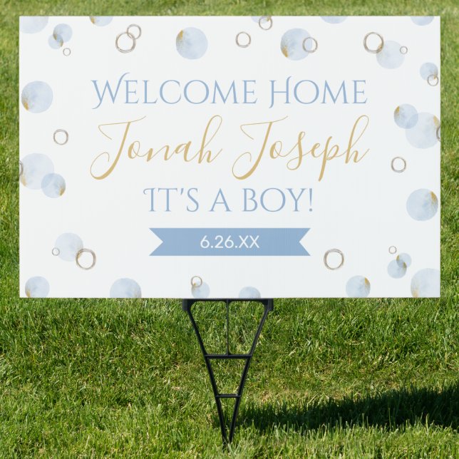Blue and Gold Bubble Welcome Home Baby Yard Sign  (Insitu)