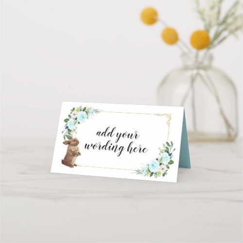 Blue and Gold Bunny Rabbit With Flowers Easter Place Card