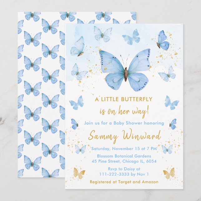 Blue and Gold Butterfly Baby Shower Invitation (Front/Back)