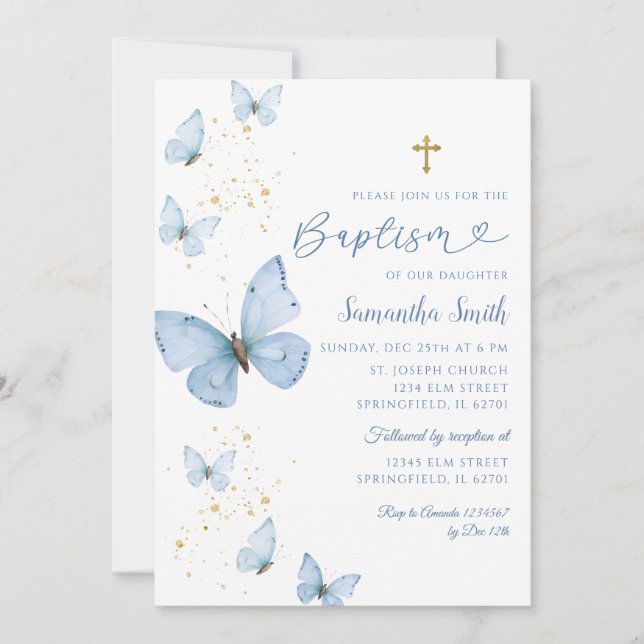 Blue and Gold Butterfly Minimalist Baptism Invitation (Front)