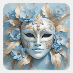 Blue and gold carnival mask square sticker