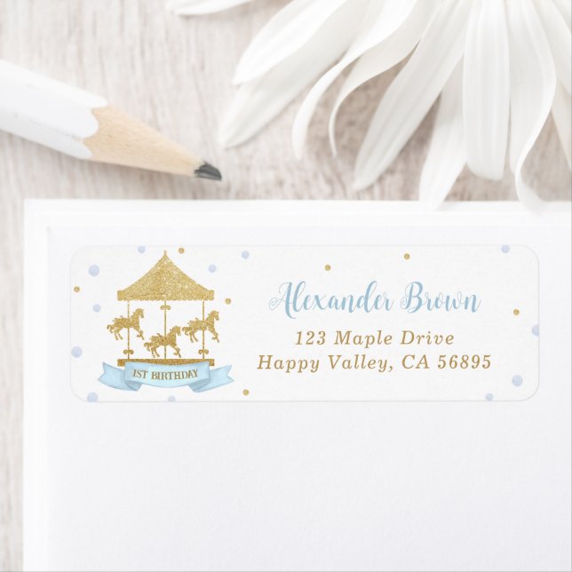 Blue and Gold Carousel 1st Birthday Return Address Label (Insitu)