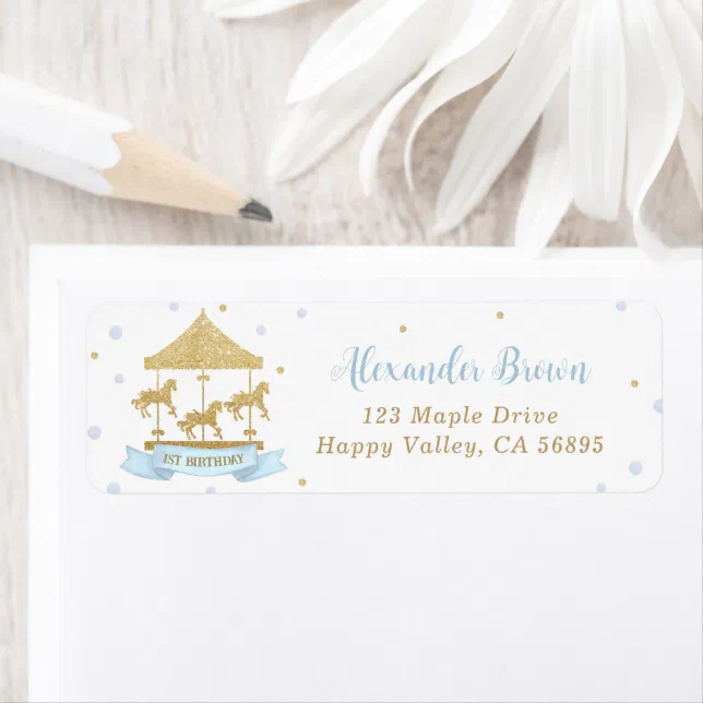 Carousel Address Labels Blue and Gold Carousel 1st Birthday Return Address Label | Zazzle