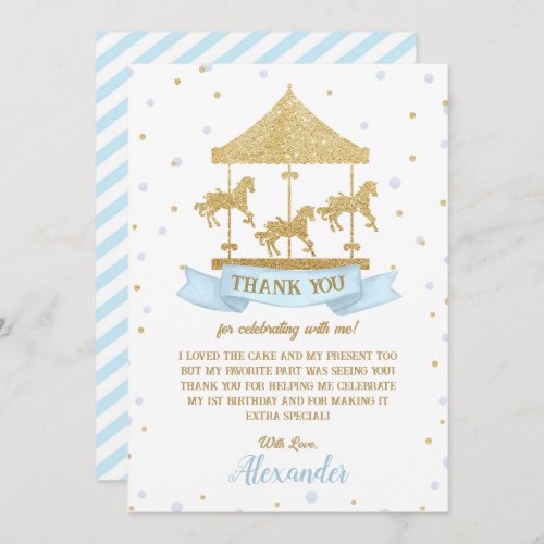 Blue and Gold Carousel Boy 1st 2nd 3rd Birthday  Thank You Card