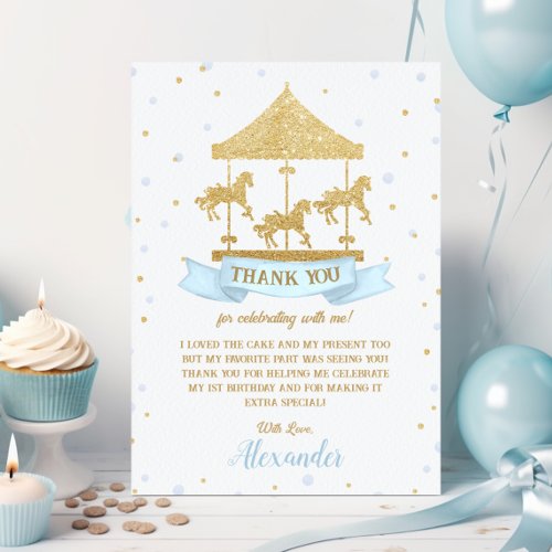 Blue and Gold Carousel Boy 1st 2nd 3rd Birthday  Thank You Card