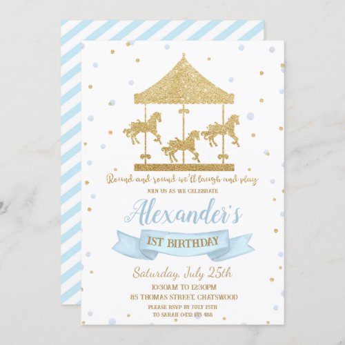 Blue and Gold Carousel Boy 1st Birthday  Invitation