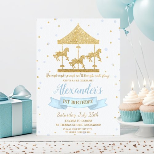 Blue and Gold Carousel Boy 1st Birthday  Invitation