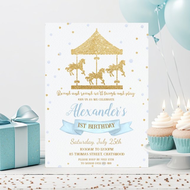 Blue and Gold Carousel Boy 1st Birthday  Invitation (Creator Uploaded)