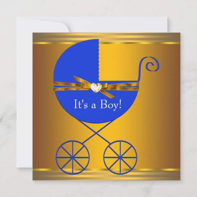 Blue and Gold Carriage Boys Baby Shower Invitation (Front)