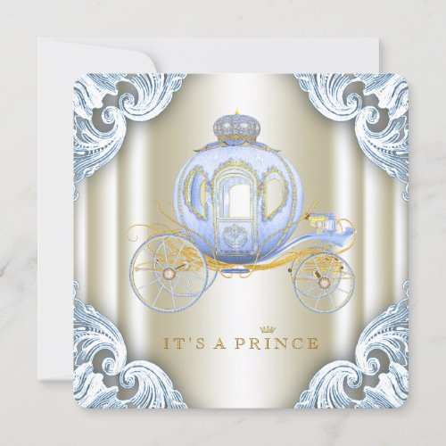 Blue and Gold Carriage Prince Baby Shower Invitation