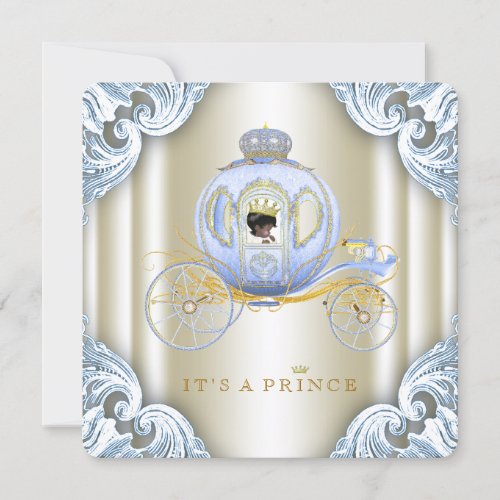 Blue and Gold Carriage Prince Ethnic Baby Shower Invitation