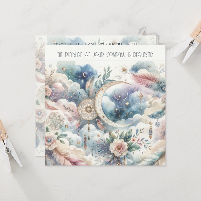 Blue and Gold Celestial Moon Dream Catcher Wedding Invitation (Front/Back In Situ)