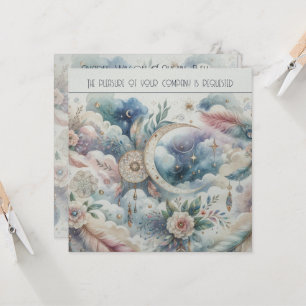 Blue and Gold Celestial Moon Dream Catcher Wedding Invitation