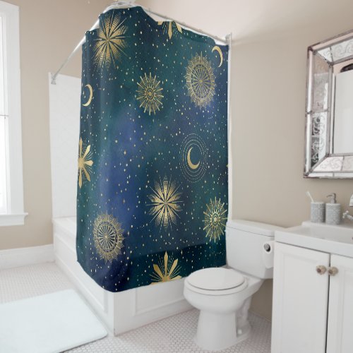 Blue and Gold Celestial Shower Curtain