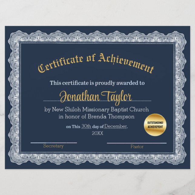 Blue and Gold Certificate of Achievement (Front)