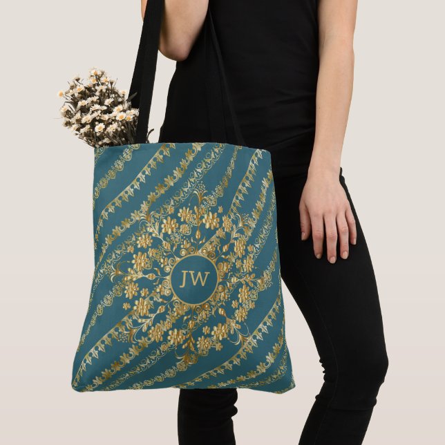 Blue and Gold Chic Fun Tote Bag (Close Up)