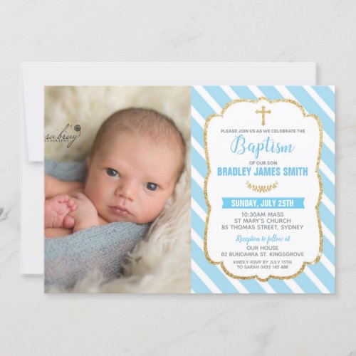 Blue and Gold Christening Baptism Baby Boy Photo Invitation