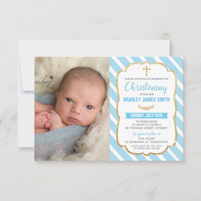 Blue and Gold Christening Boy Photo Invitation (Front)