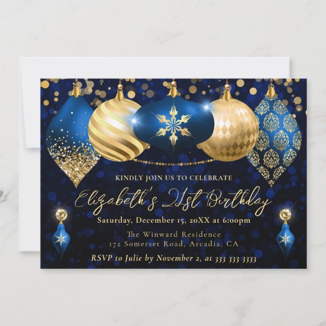 Blue and Gold Christmas Baubles Birthday Party Invitation (Front)